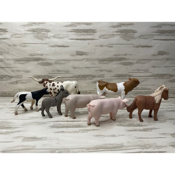 Farm Animal Figures Mixed Texas Longhorn Cow Pig Donkey Horse Kid Toy Collection - Picture 5 of 7